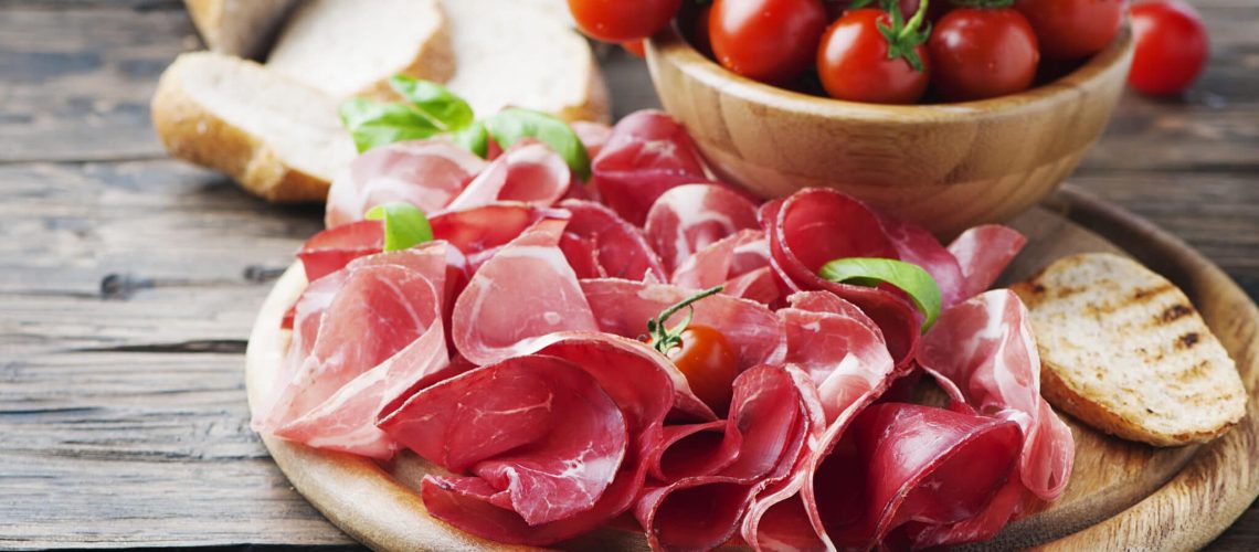 Italian Antipasto with ham and bresaola, selective focus